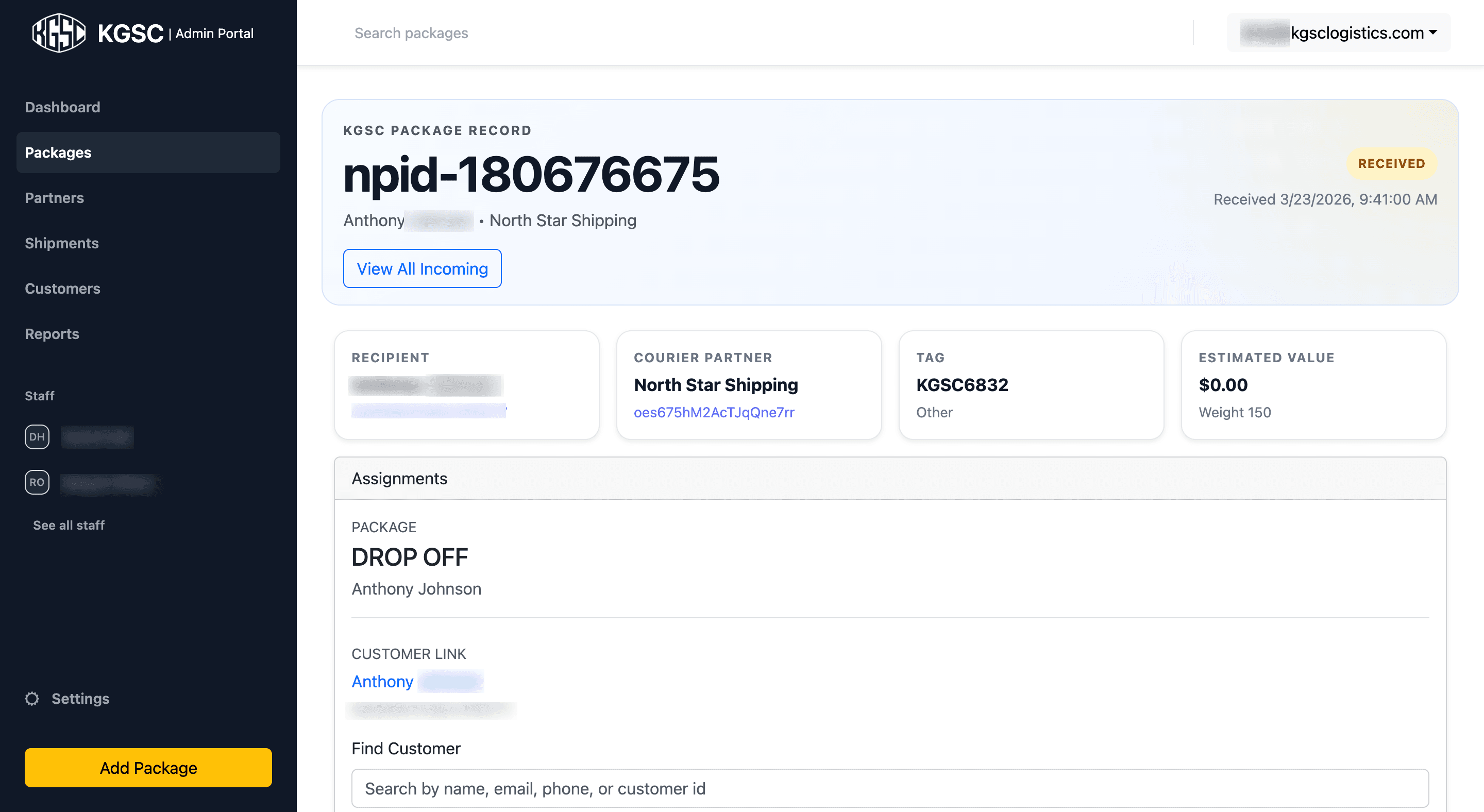 RipTide-style package record and assignment workflow